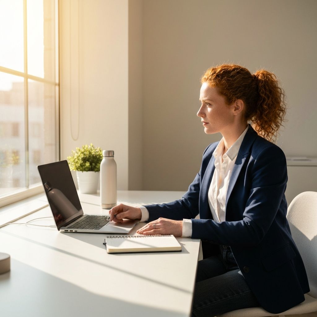Person working at bright workspace with natural light, maintaining steady focus and balanced posture