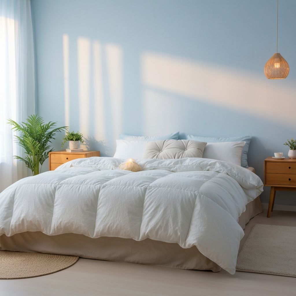 Clean, minimalist bedroom with soft natural bedding and calm sleeping environment at peaceful night