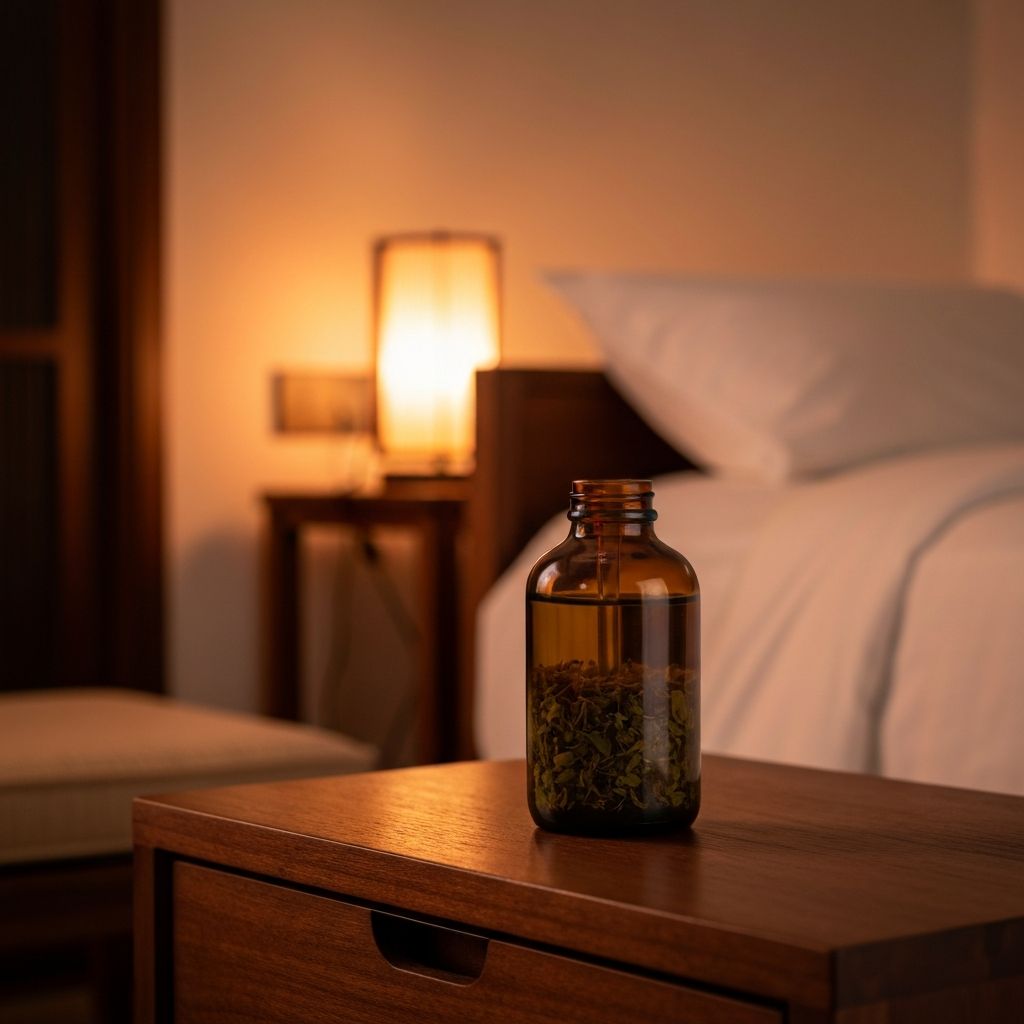 Clear amber glass bottle with herbal liquid supplement on bedside table with soft warm lighting and sleeping space backdrop