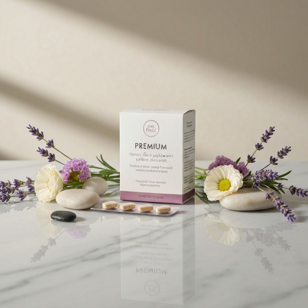 Elegant supplement tablets in premium packaging, displayed on marble surface with fresh flowers, feminine aesthetic